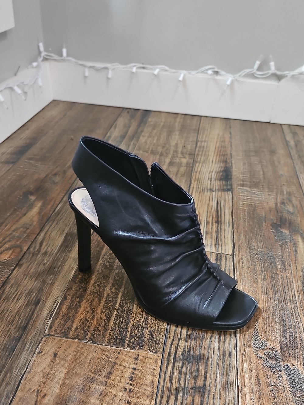 Vince Camuto Womens Black Leather Ruched‎ Slingback Peep-Toe Mules